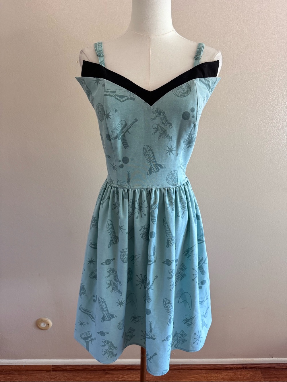 RockSteady Light Blue Space-Print Fit & Flare Dress with Black Trim